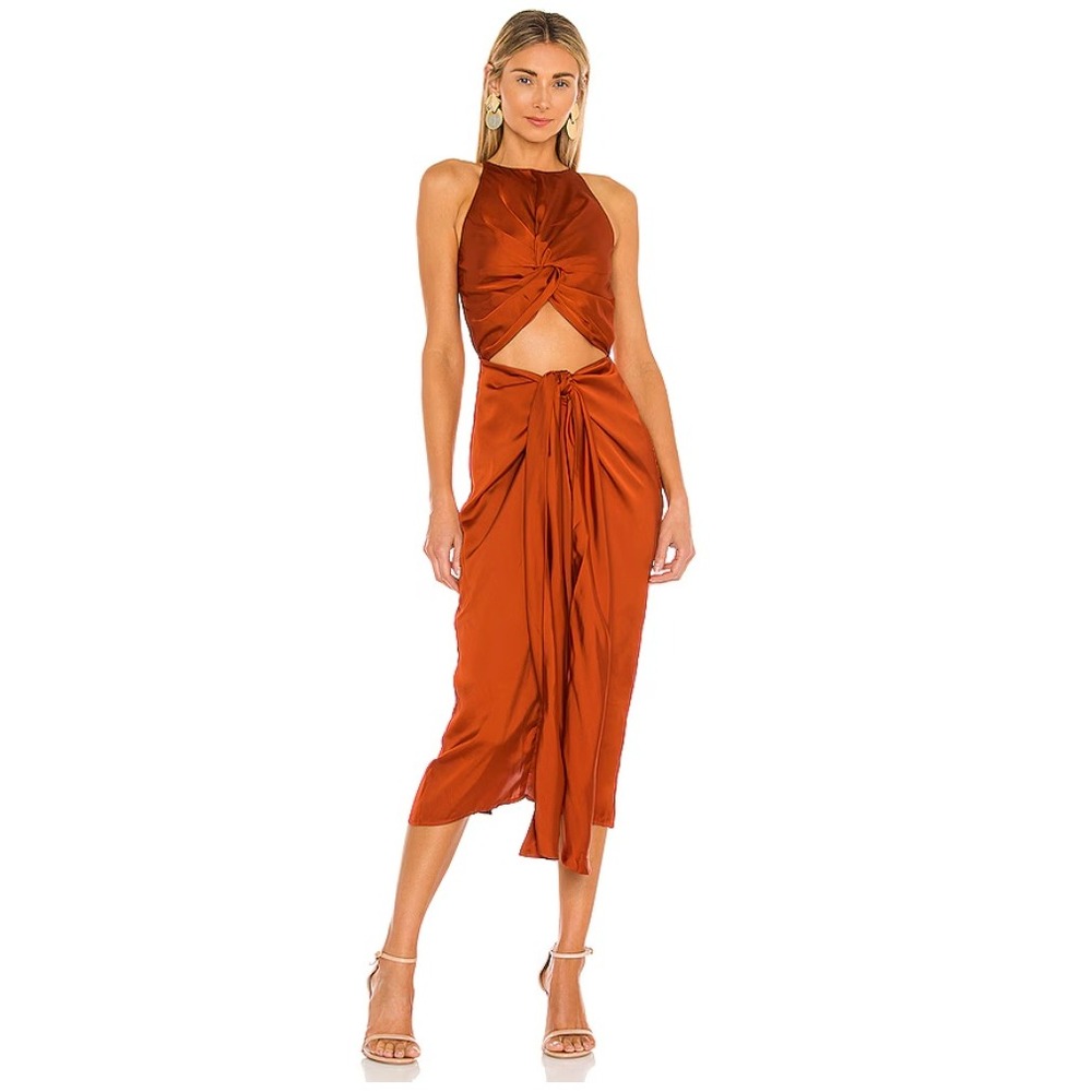 Andrea Iyamah Reni‎ Knotted Dress Orange Satin Cutout Midi XXL US 14-16 NEW